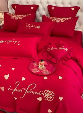 高档中式磨毛刺绣婚庆四件套大红色床单被套陪嫁结婚床上用品