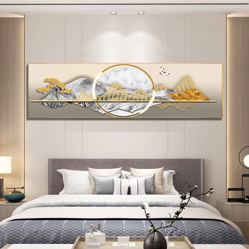 速发卧室床头壁画客厅装饰画新中式山水麋鹿沙发背景墙挂画轻奢图片