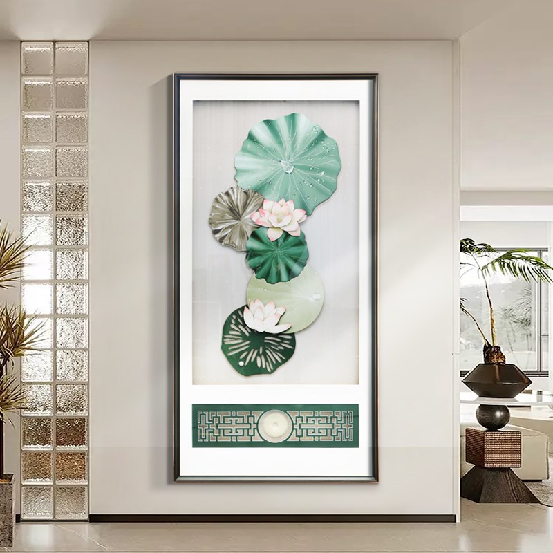 速发入户玄关装饰画荷花刺绣挂画客厅高端新中式正对门大幅立体实图片