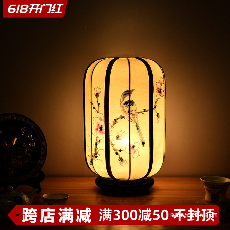新中式复古手绘布艺灯笼台灯