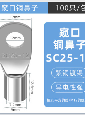 SC窥口铜线鼻镀锡铜鼻子铜线耳短线鼻SC25-12（100只）紫铜接线端