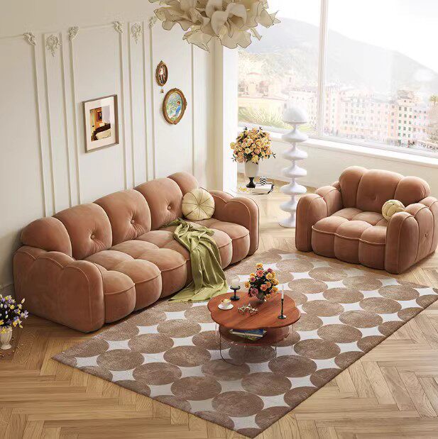 2023北欧设简约现代计师小户型客厅云朵沙发绒布豆腐块拼色法式奶