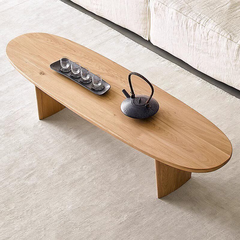 北欧民宿椭圆形茶几实木家用客厅长条茶台橡木色复古白蜡木矮桌子