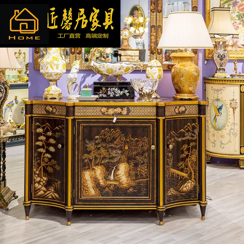 法式新古典中国风玄关美式复古手绘棕色风景绘画玄关柜家具
