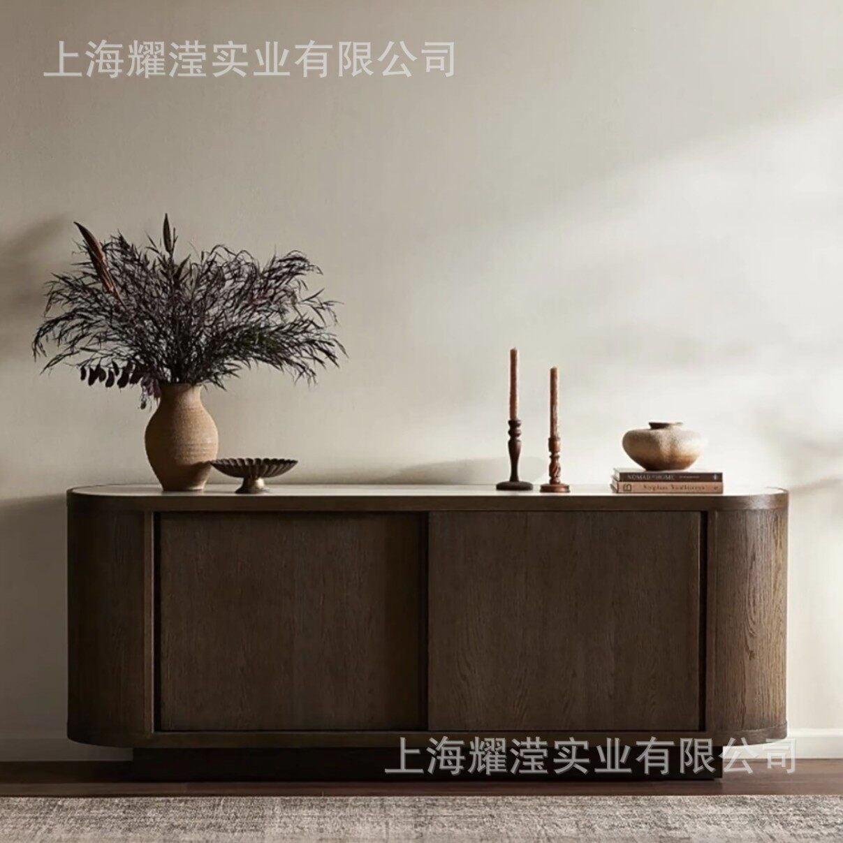 美式复古圆弧形实木餐边柜大理石收纳边柜小户型客厅推拉门电视柜