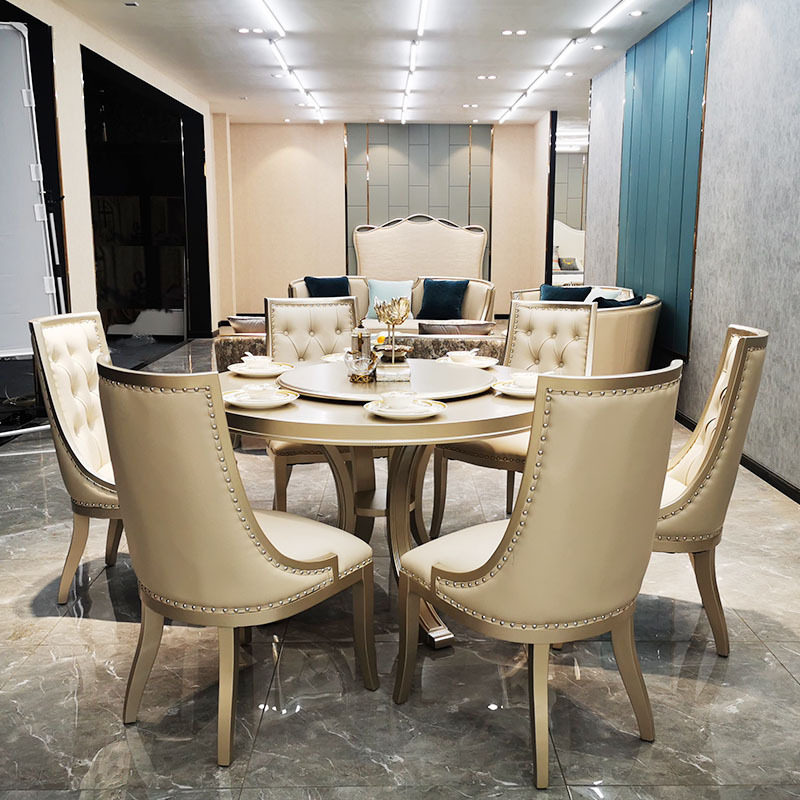 美式轻奢餐桌椅组合圆形欧式新古典圆桌家用饭桌带转盘