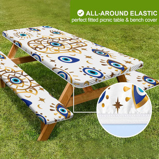 户外防风防尘桌布套 圣诞款野餐桌套连长椅套3件套 弹性贴