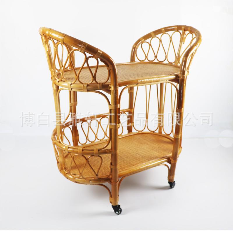 藤条编织带轮餐厅车收纳篮家用带轮餐车实木手推车北欧风可移动