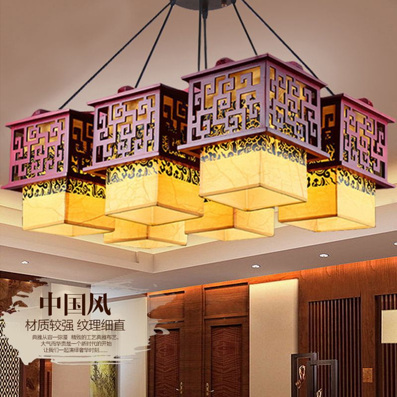 中式仿古羊皮吊灯古典实木茶楼餐厅酒店大厅走廊方形中国风灯具