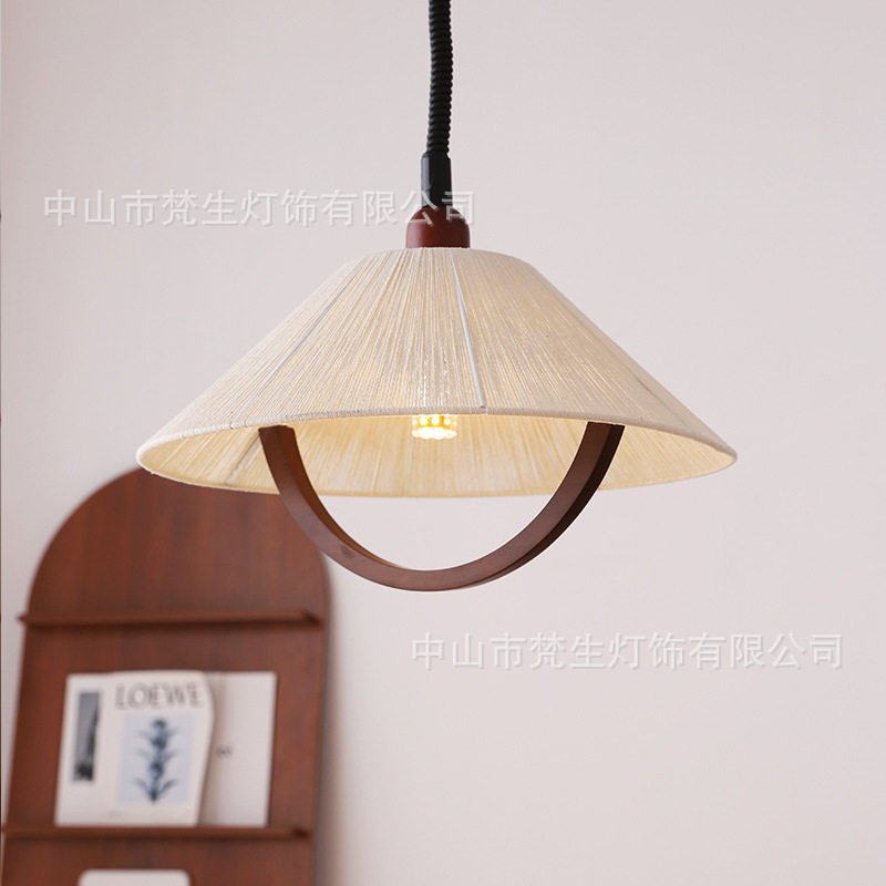 美式复古可升降餐厅吊灯 日式编织麻绳木艺餐台卧室书房田园灯具