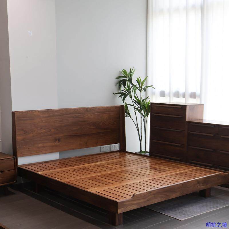 纯实木床1米8晨裕床北欧风家具卧室双人床黑胡桃木原木悬浮床厂家