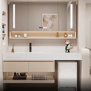 岩板陶瓷无缝一体盆浴室柜组合扫地机器人奶油风卫生间洗漱台厂家