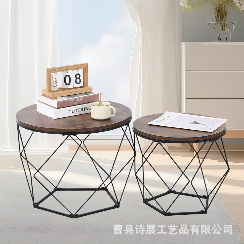 现货乡村复古沙发侧边桌圆形咖啡桌开放式储物茶几边几铁艺小桌子