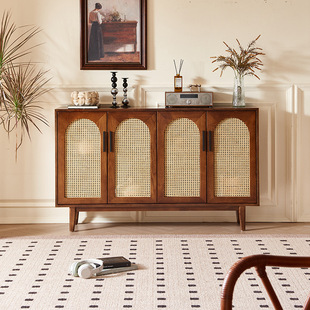 中古风实木藤编餐边柜四门储物柜子民宿酒店卧室多功能收纳置物柜