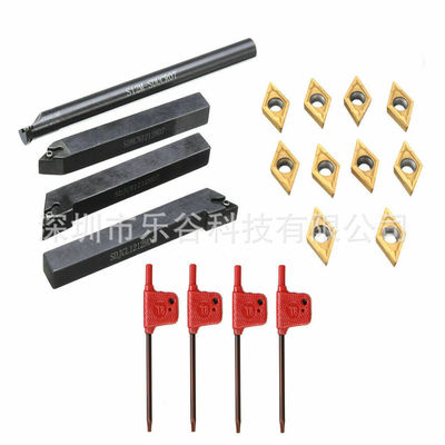 4个12mm车床车刀镗杆+ 10个DCMT070204硬质合金刀片+4个红旗扳手
