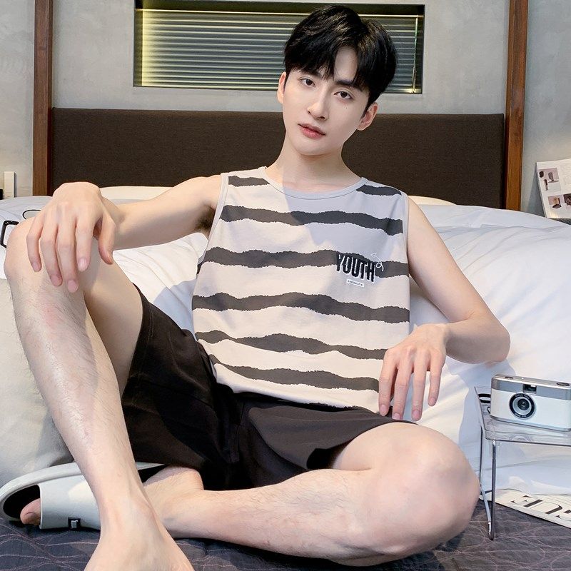 男款睡衣男士夏季纯棉薄款无袖背心短裤夏天大码卡通款家居服套装