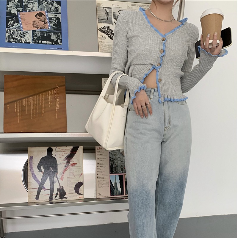 大码胖mm针织开衫女2021春秋新款V领木耳边撞色毛衣长袖外套上衣