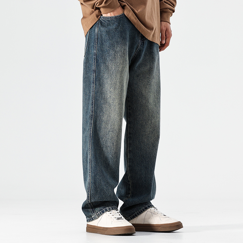 春季新款复古牛仔裤男士直筒宽松大码美式阔腿休闲裤加肥加大裤子