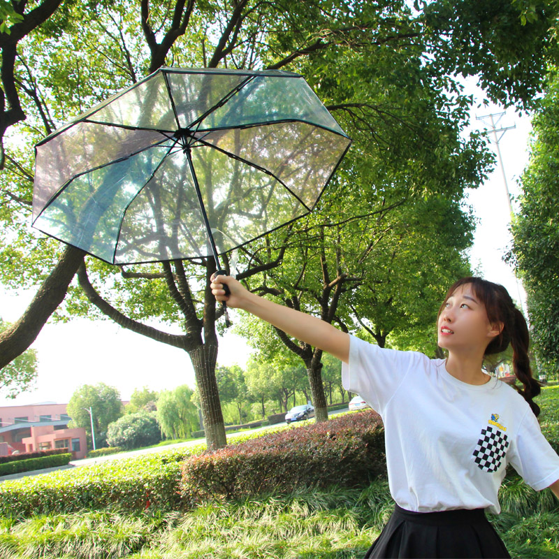 彩虹透明雨伞女小清新森系创意情侣学生全自动晴雨伞三折折叠透明
