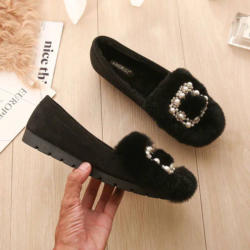 Rabbit Fur Flats with Crystal & Pearl Buckle - Taobao product photo 3