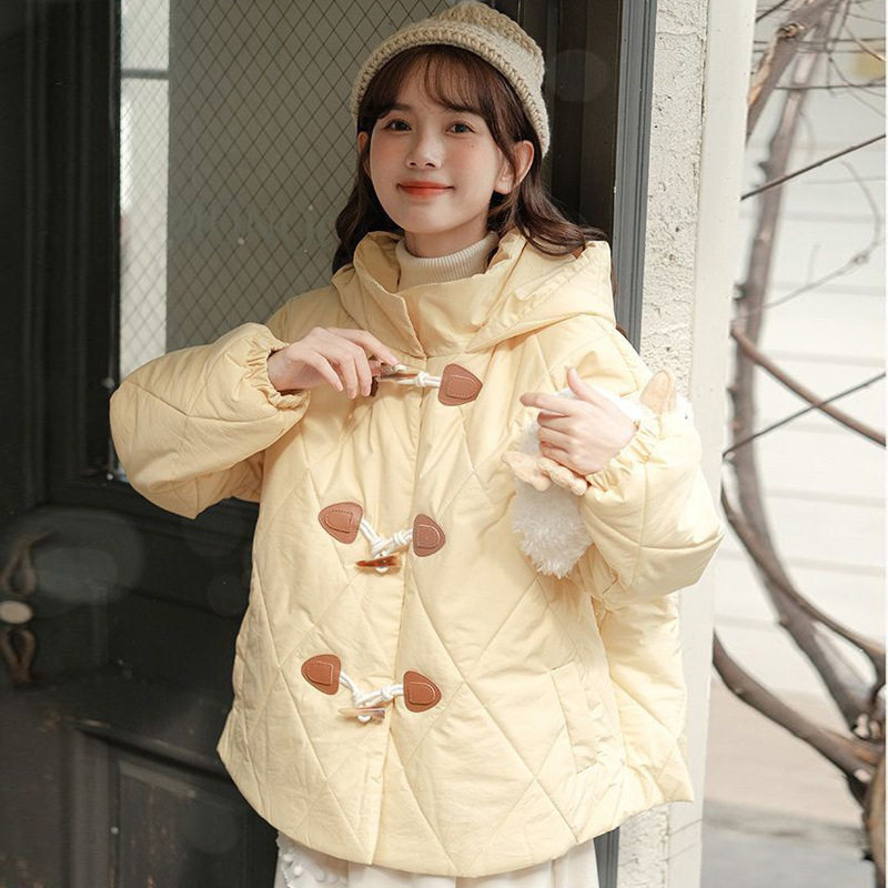 韩系棉服女年新款短款小个子连帽加厚牛角扣棉服冬季外套女