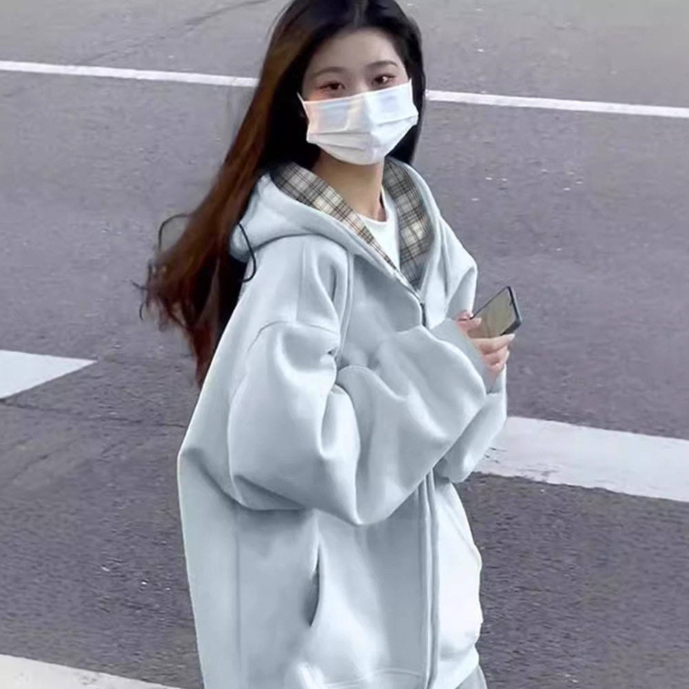 蓝色外套女春秋款韩系慵懒风厚卫衣女款初秋新款秋冬加绒加厚