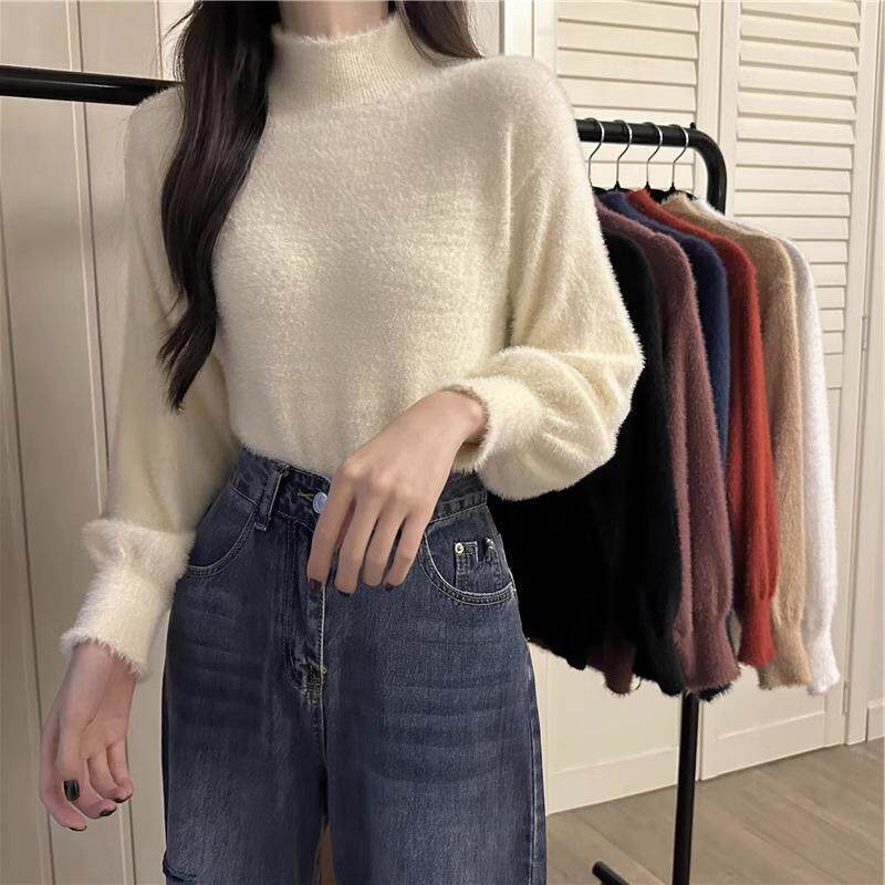 毛衣女秋冬韩版半高领设计感小众仿水貂绒内搭打底衫纯色针织上衣