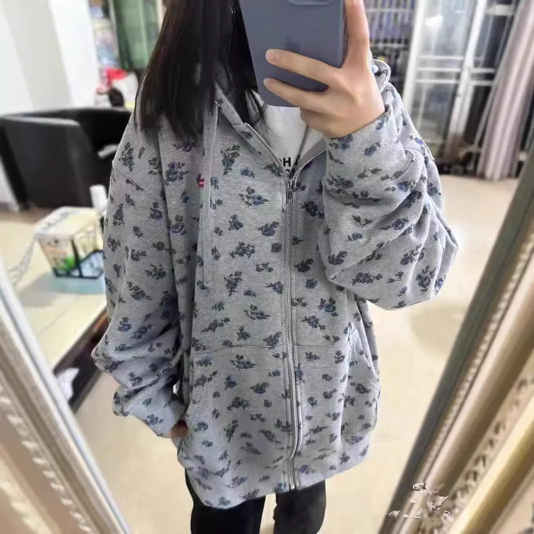 美式碎花满印连帽卫衣女春秋冬加厚宽松慵懒风oversize开衫外套潮