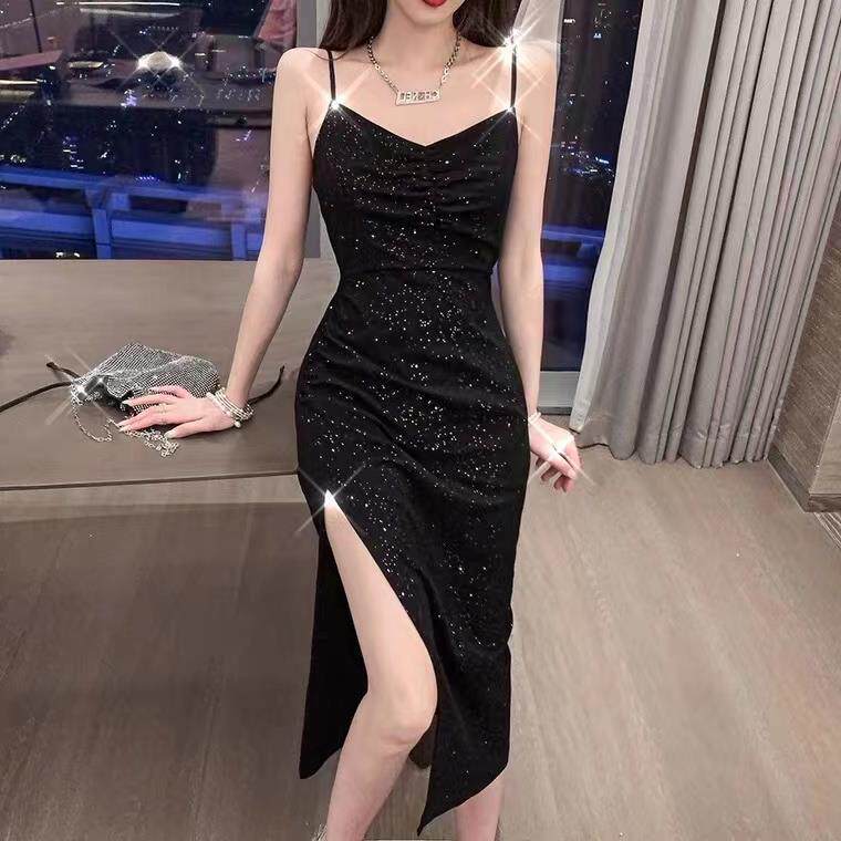 法式吊带连衣裙女夏季新款胖mm修身显瘦开叉亮片中长款裙子潮