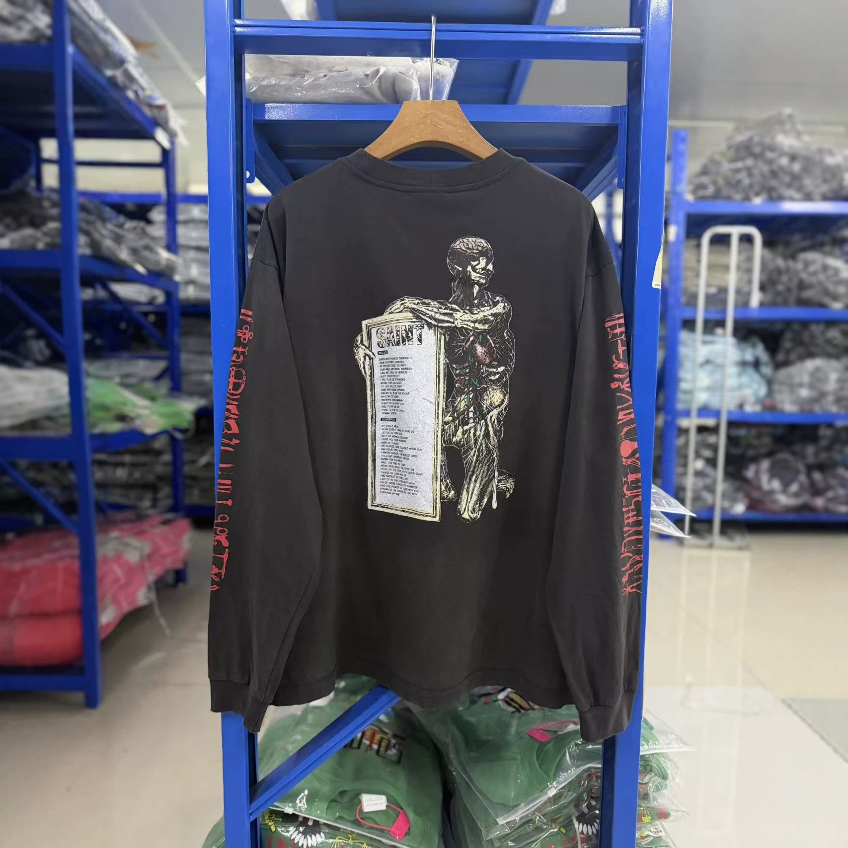 Saint Micheal 26SS 美式图案人体解剖做旧水洗破坏长袖T恤