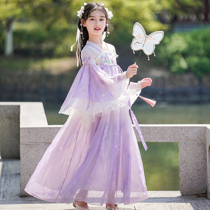 女童汉服2024夏季唐装中国风超仙古装连衣M裙儿童长袖古筝表演服