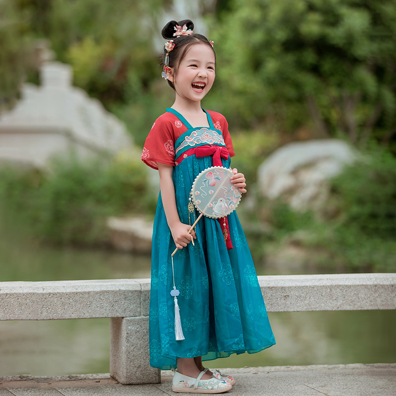 汉服女童夏装儿h童高端超仙古装连衣裙中国风唐装小女孩古筝表演
