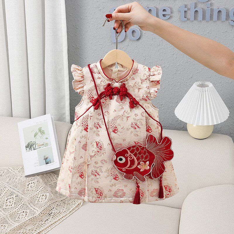 女童裙子春季套装2025新款宝宝一周岁礼服唐装儿童国Y风汉服两件