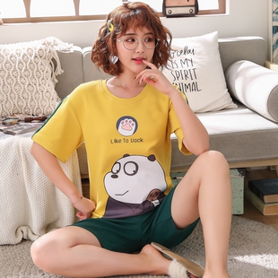 胖mm200S斤全棉薄款 纯棉卡通可爱大码 家居服 小黄鸭短袖 睡衣女夏季