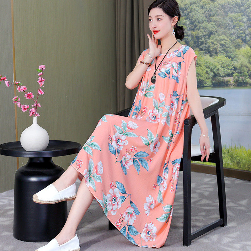 夏季纯棉绸连衣裙2022新款时尚外穿中G老年人造棉大码睡裙女220斤