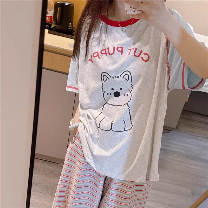 短袖睡衣女夏甜美可爱小狗家居服大码胖mm200斤显瘦Y条纹短裤套装