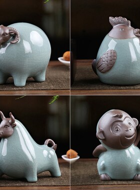 陶瓷生肖小鸡猴羊牛摆件可爱家居装饰客厅玄关桌面大X号茶宠工艺