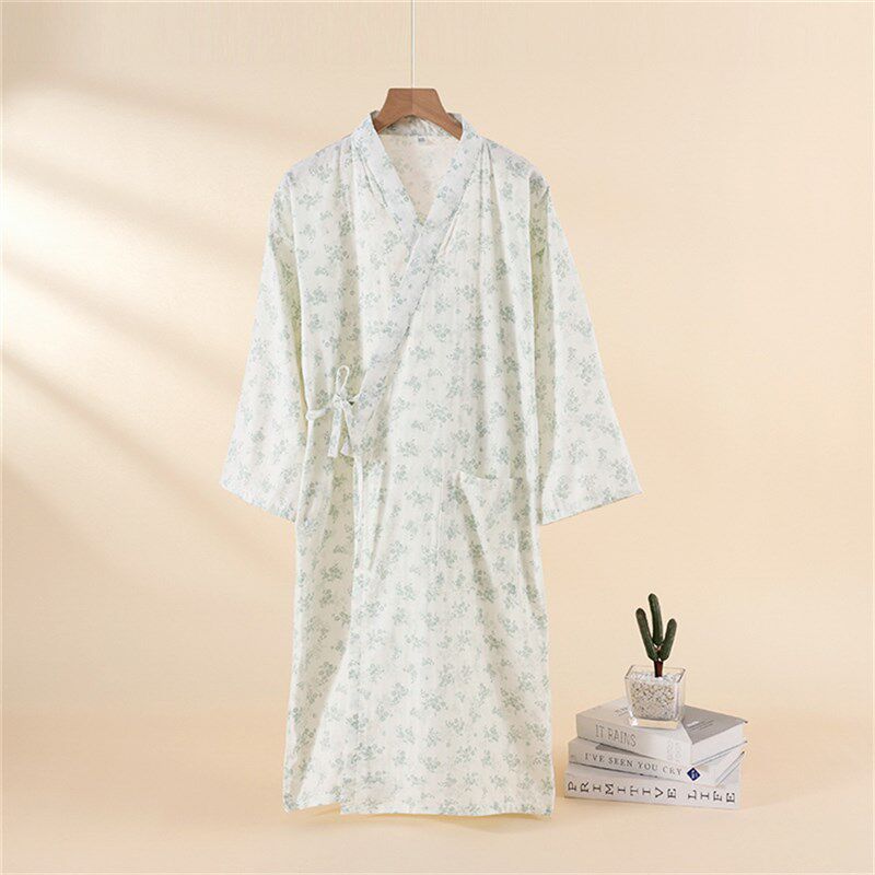 纯棉国风汉c服双层纱睡袍全棉女浴袍汗蒸服和服睡衣家居服系带睡
