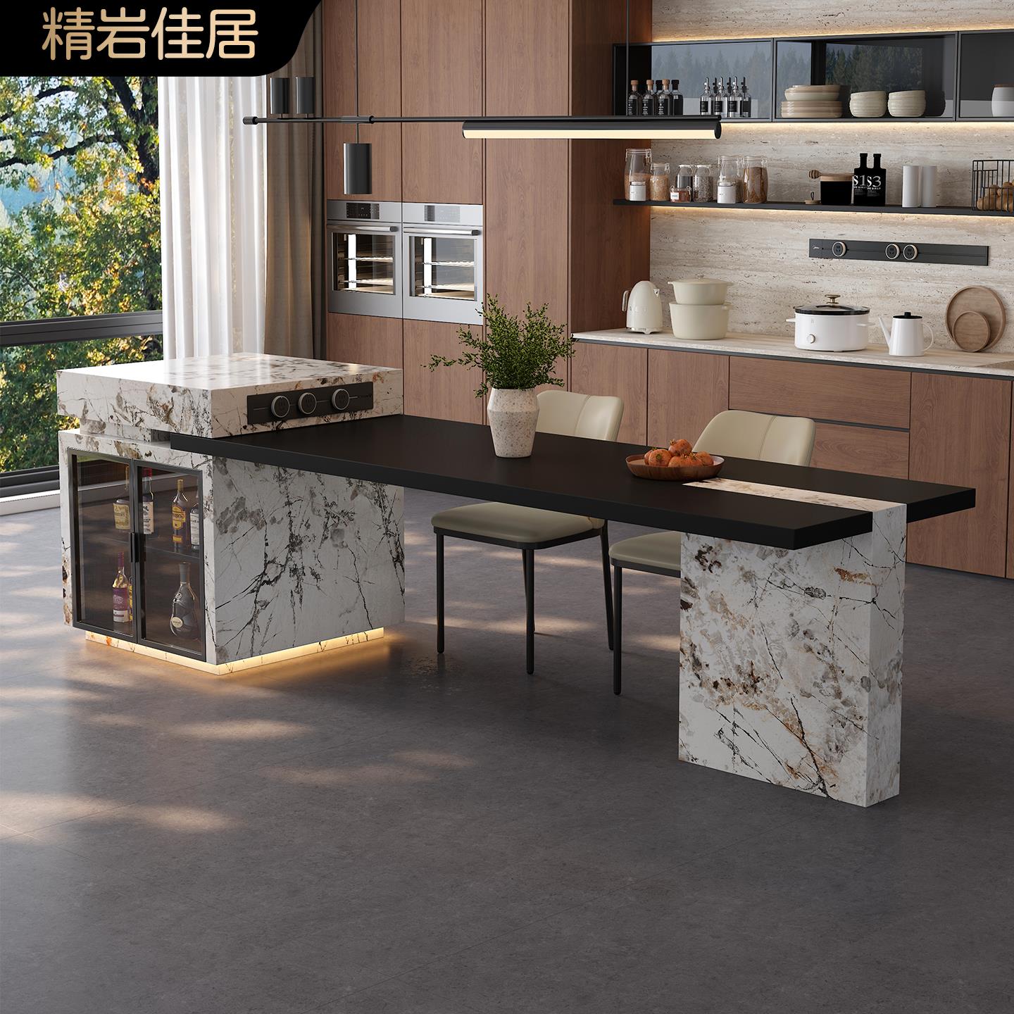 奢石潘多拉岩板岛台餐桌一体家用可伸缩导台小户型轻奢餐倒台定制