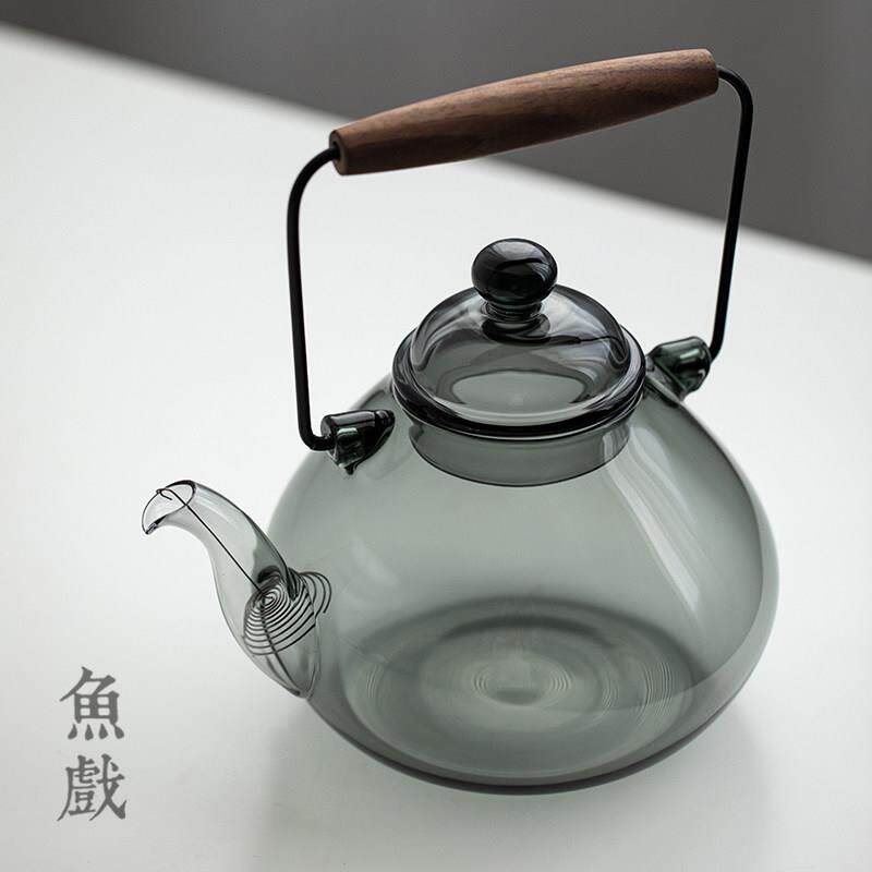 日式玻璃煮茶壶青莼灰色复古提梁烧水壶过滤大容量电陶炉套装茶具