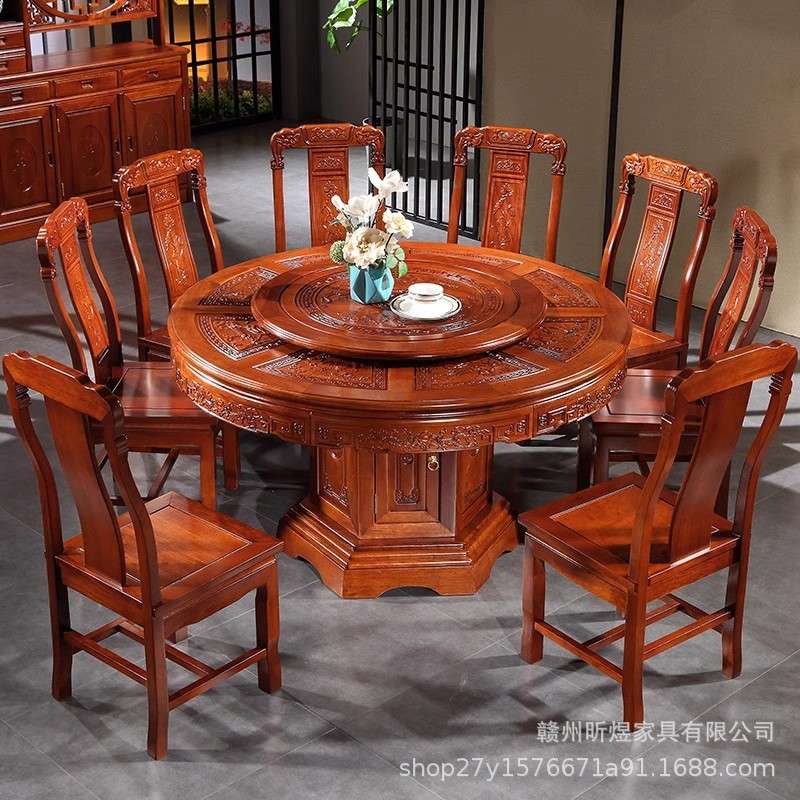 印尼花梨木餐桌桌椅组合大小户形家用实木圆桌新中式古典仿古餐桌