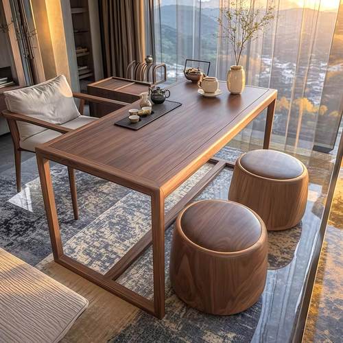 新中式实木茶台茶几泡茶桌高端黑胡桃木茶桌椅组合客厅阳台家用