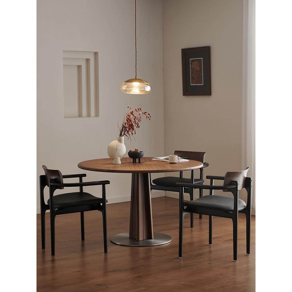 复古实木圆形餐桌意式黑胡桃拼花家用小户型吃饭桌法式中古风圆桌