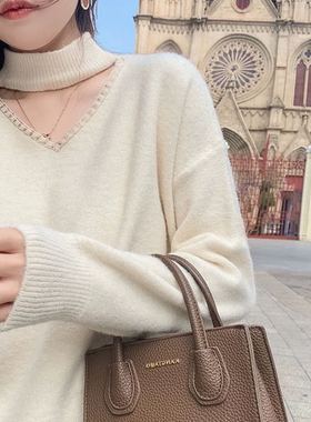 【小四专享】红色挂脖v领毛衣欧货小香风设计感针织衫套头打底衫