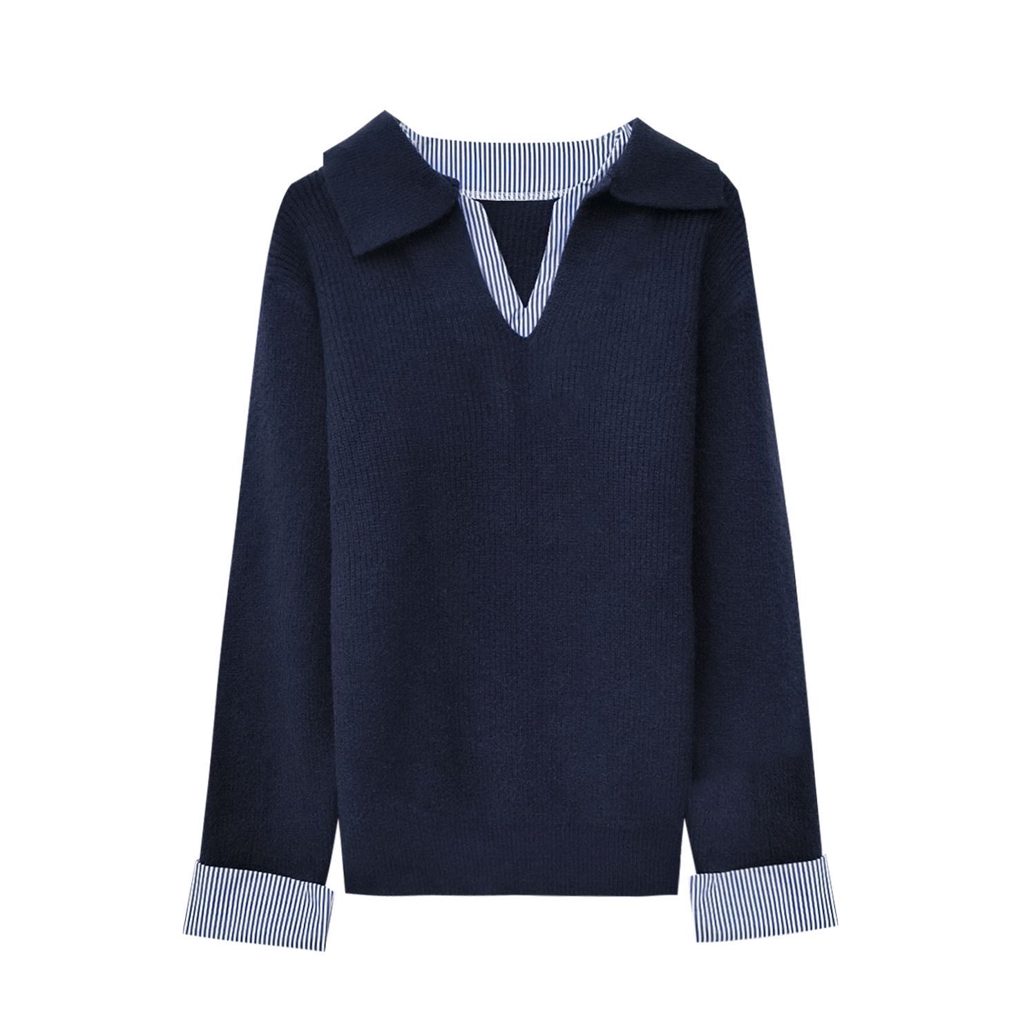 【小田专享】假两件条纹拼接翻领针织衫气质套头毛衣1128