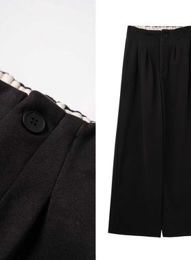 【小四专享】加绒拼接毛呢阔腿直筒裤高腰休闲宽松长裤子 1208