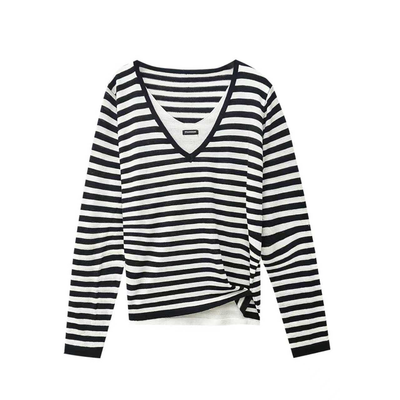 【甜甜圈专享】羊毛衫女宽松V领假两件条纹拼色毛衣打底衫1208