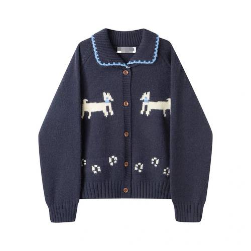 小四专享 AndM高端 费尔岛小狗提花加厚翻领针织开衫上衣1217