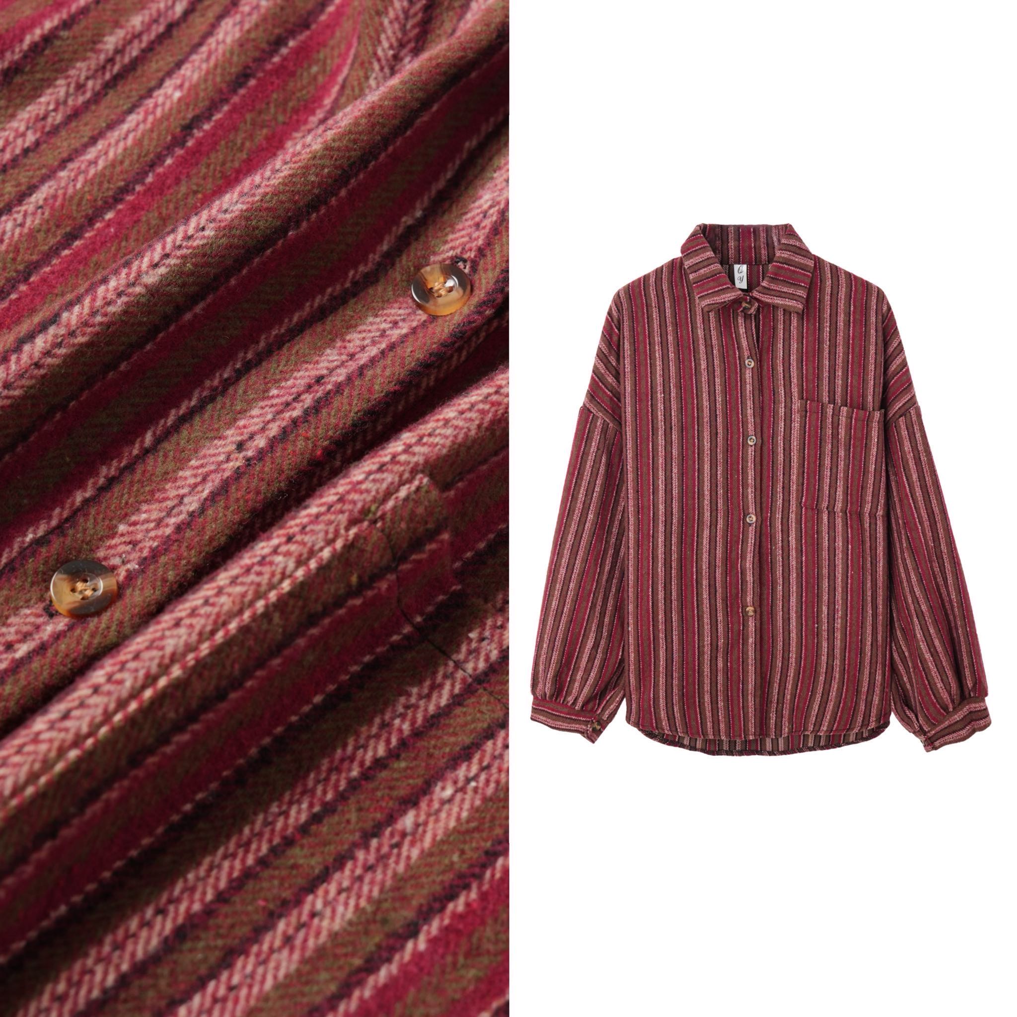 AndM高端Studi 复古加厚红色长袖条纹衬衫外穿外套1128