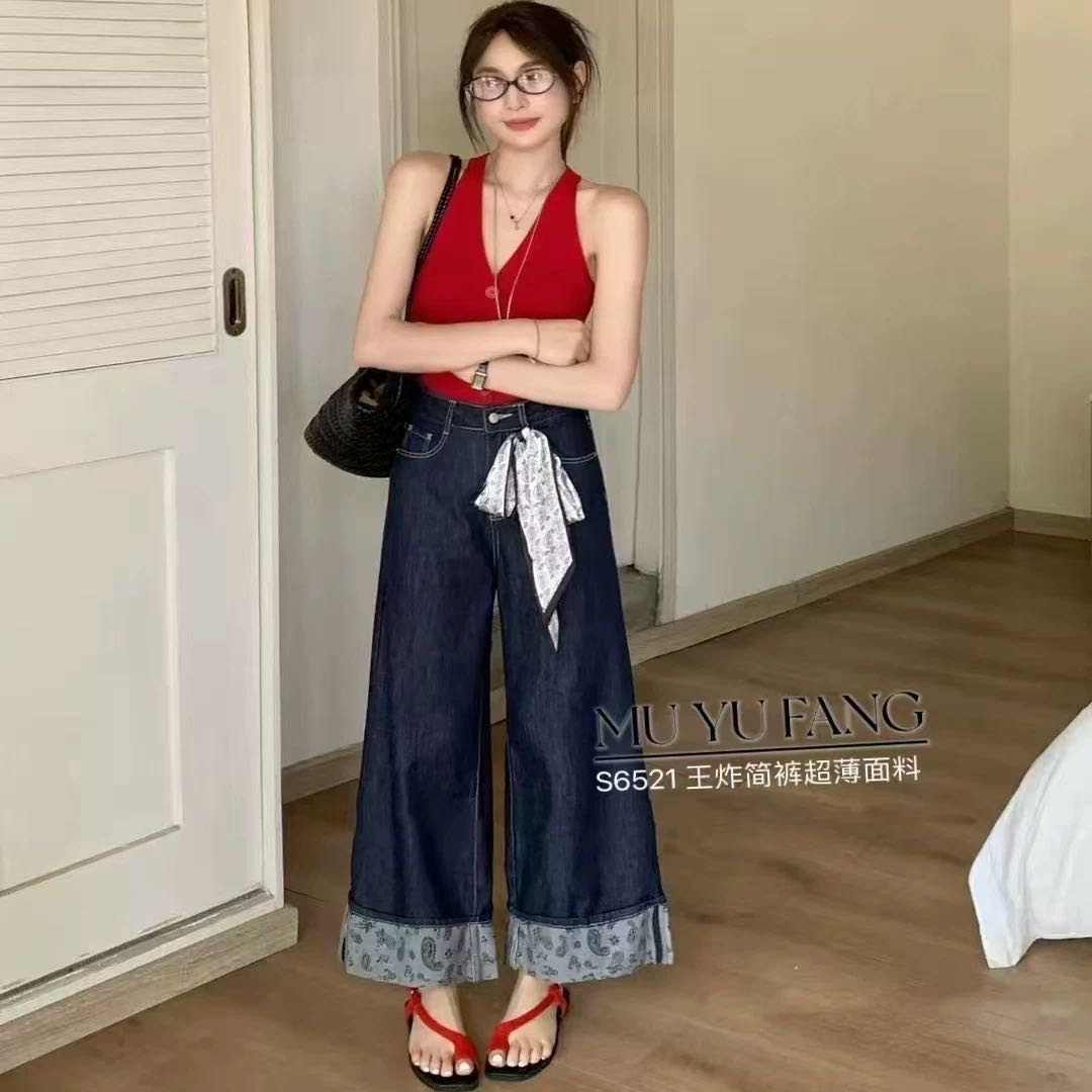 【甜甜圈专享】韩系配丝巾阔腿牛仔裤设计感宽松直筒裤子1208